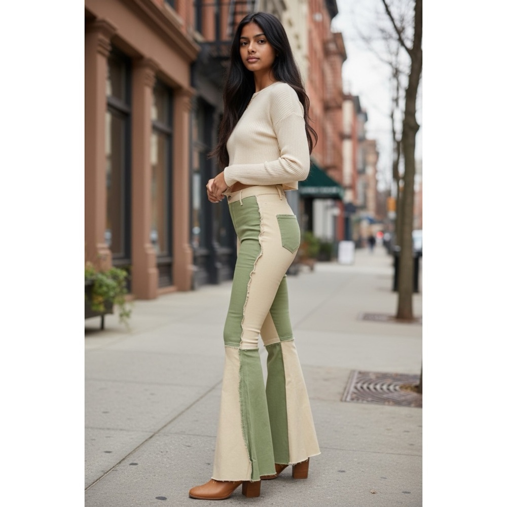 Peach Love Sage & Tan Color Block Flares | 90s Retro Denim - Picture 5 of 9